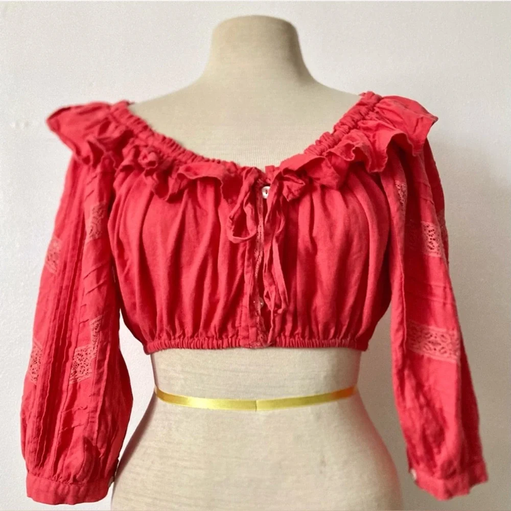 FREE PEOPLE BEATRICE BB CROP OFF SHOULDER TOP LINEN PASSIONFRUIT Size S
